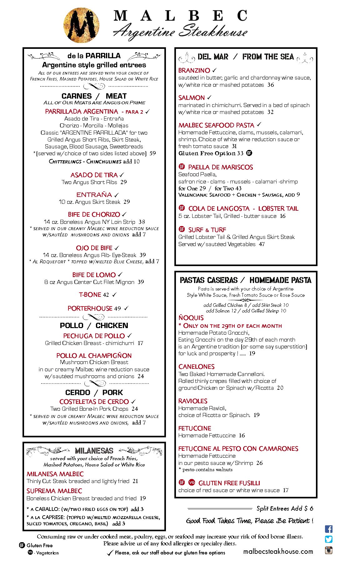 Dinner Menu Malbec Argentine Steakhouse Restaurant